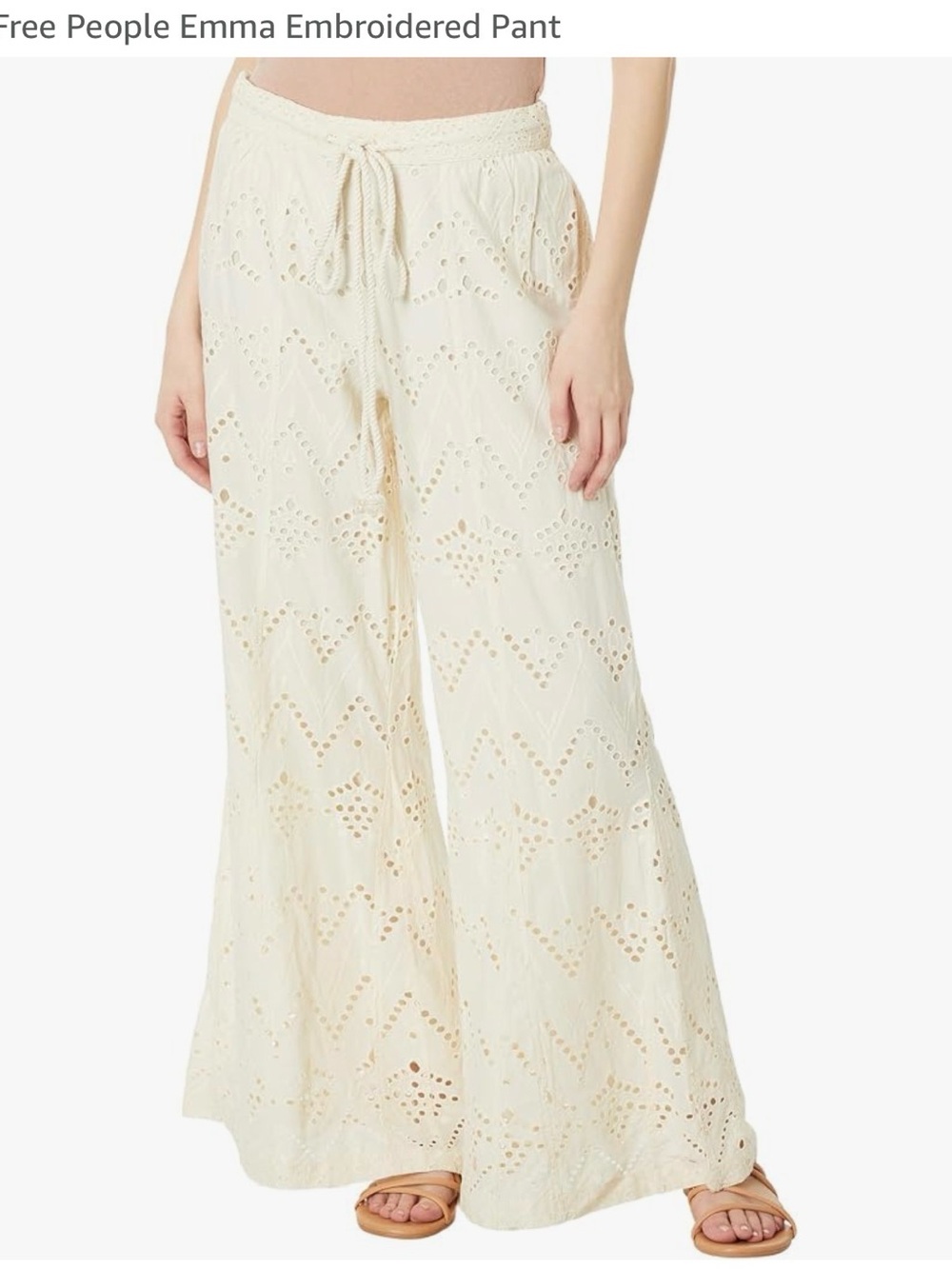 Free People Emma Embroidered Cream Eyelet Wide-Leg Pants
